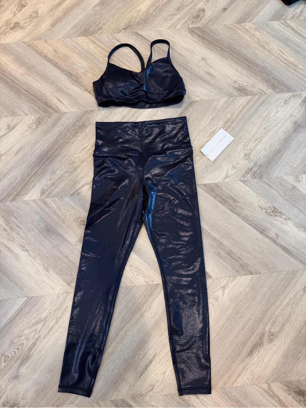 Athleta x Simone Biles Metallic Navy Sports Bra & Leggings Set